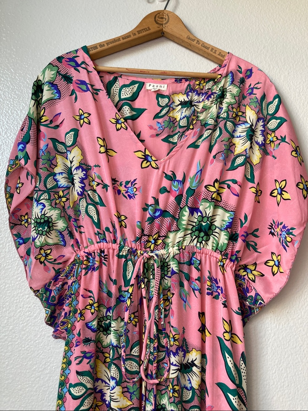 Paani floral flowy ruffle hem lightweight maxi dress caftan style tassels sz M
